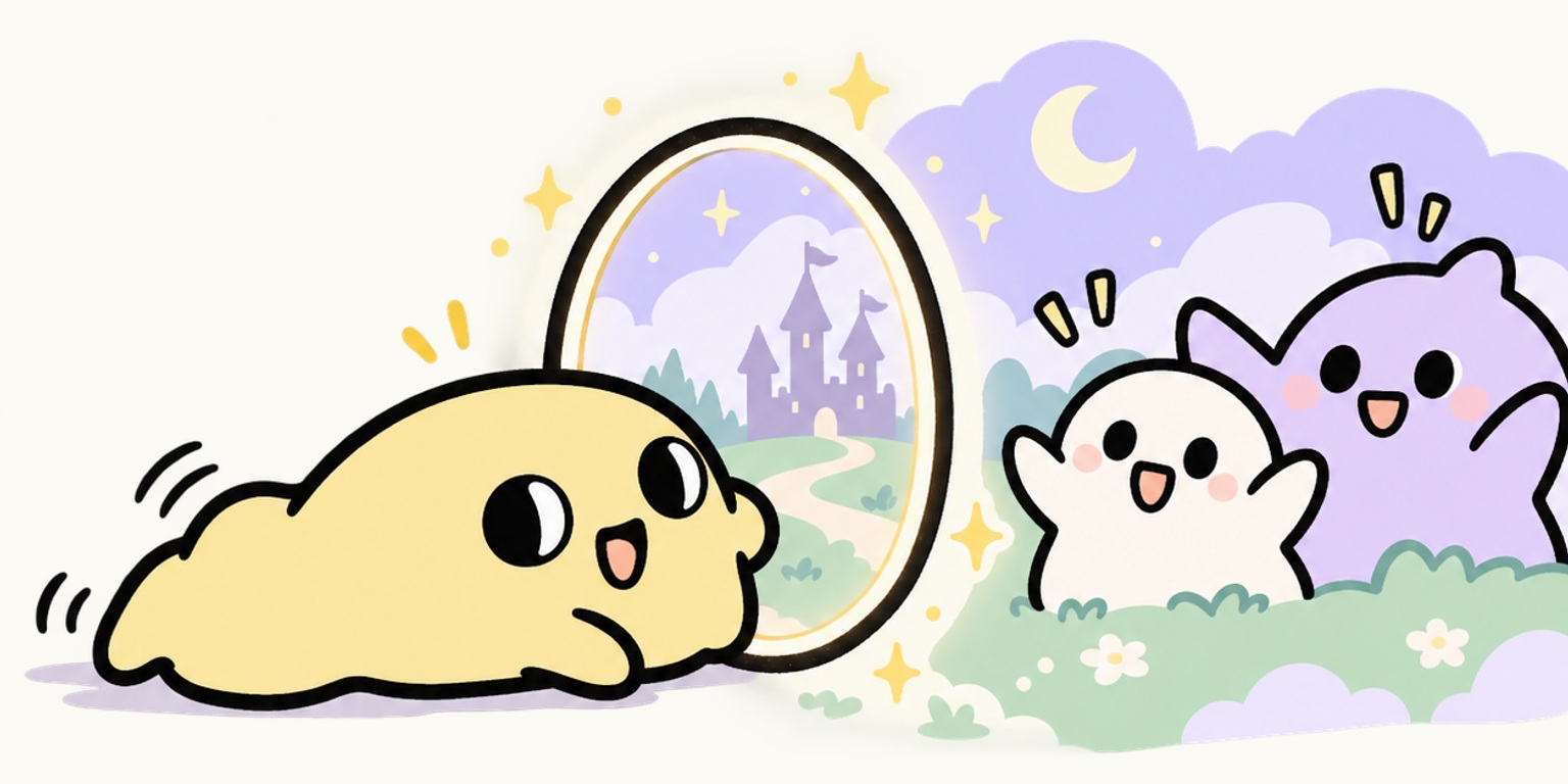 Pogee slime squeezing through a tiny portal into a friendly pastel fantasy world