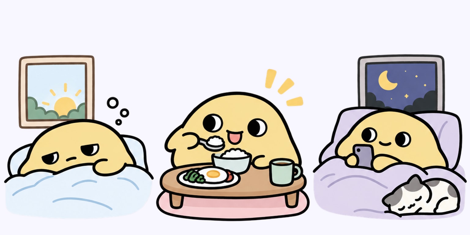 Pogee slime character waking up, eating breakfast, and relaxing at night