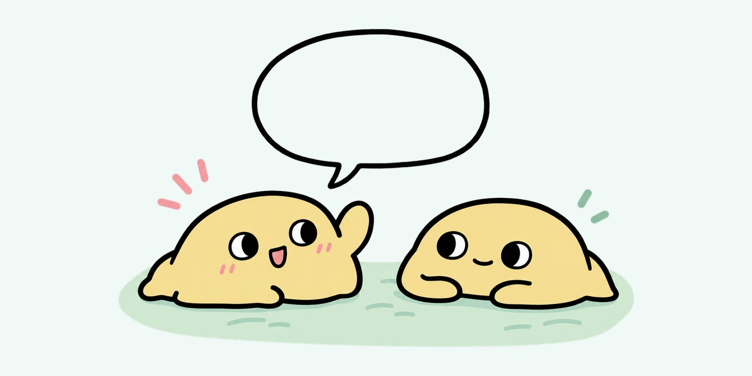 Two Pogee slime characters beginning a conversation with an empty speech bubble