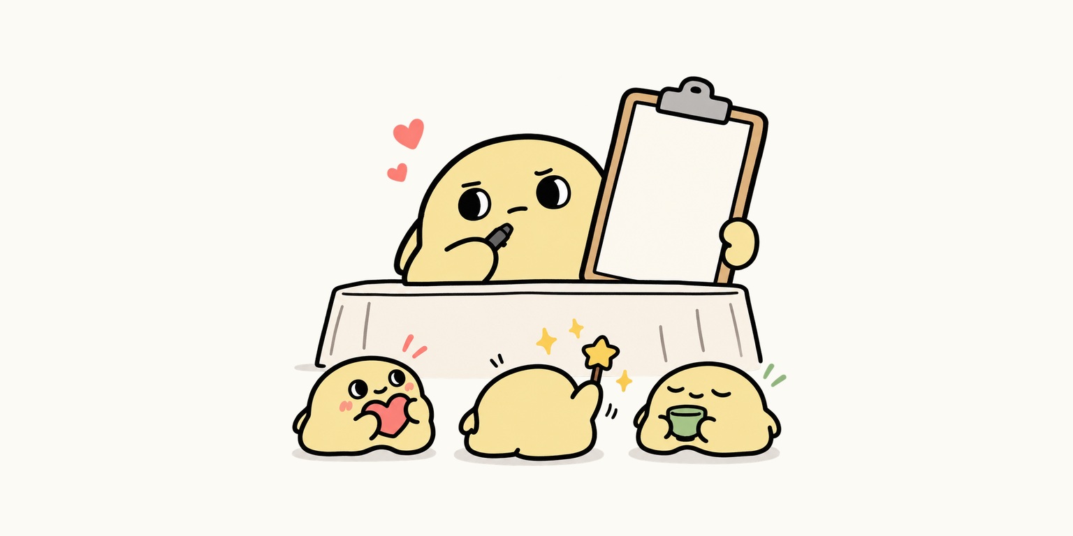 Pogee slime judging three charming companion personalities with an oversized clipboard
