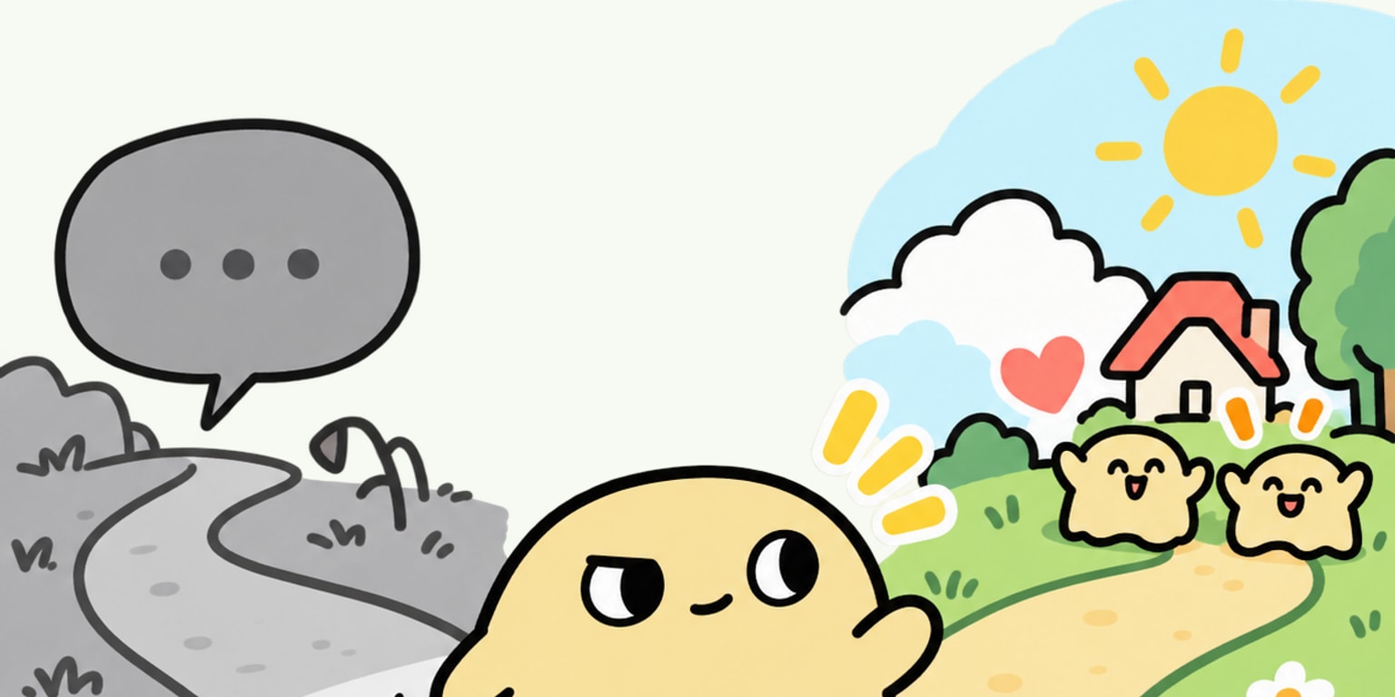 Pogee slime character choosing a lively world over a gray chat path