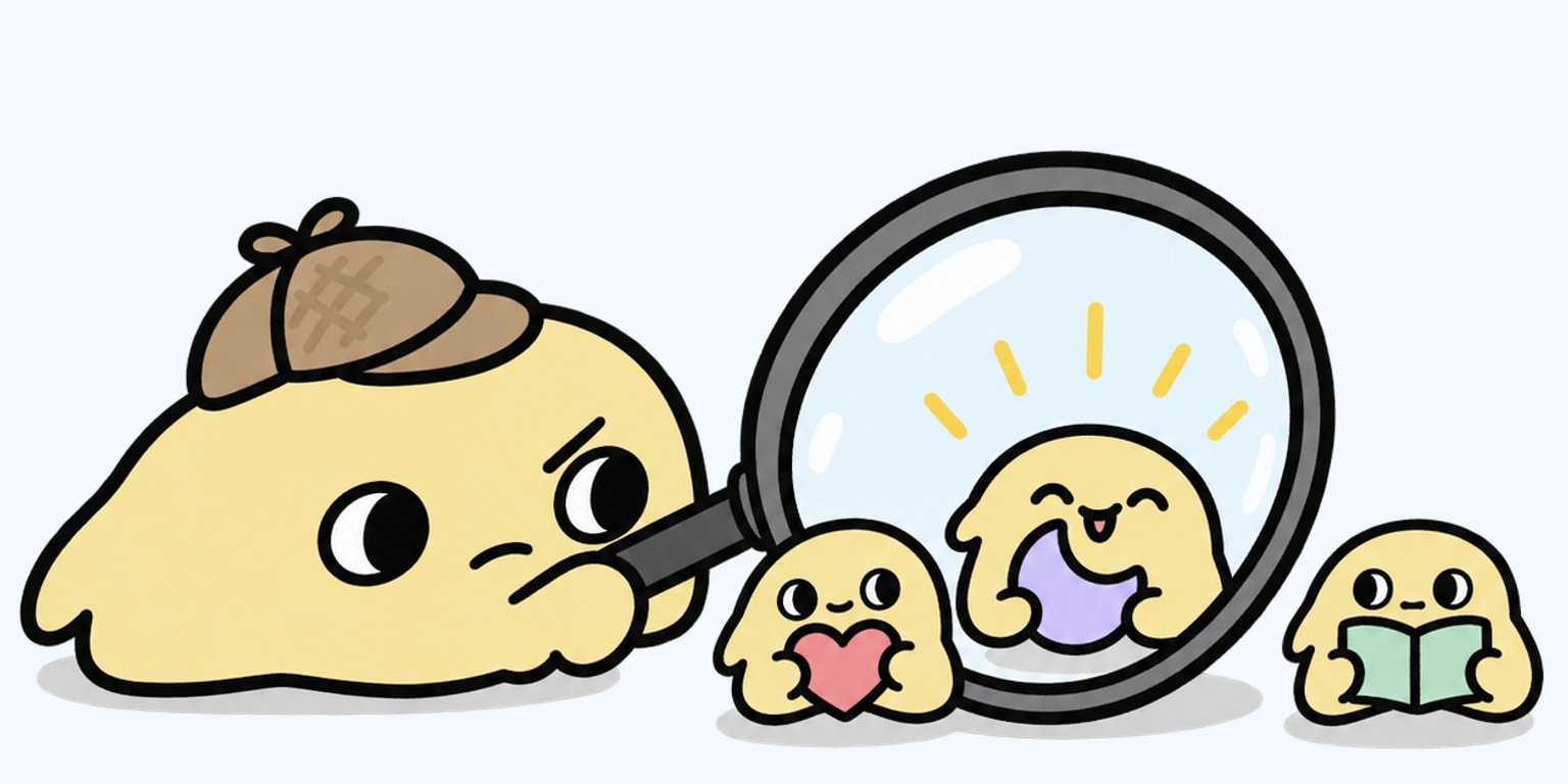 Pogee slime detective comparing three character personalities with an oversized magnifying glass