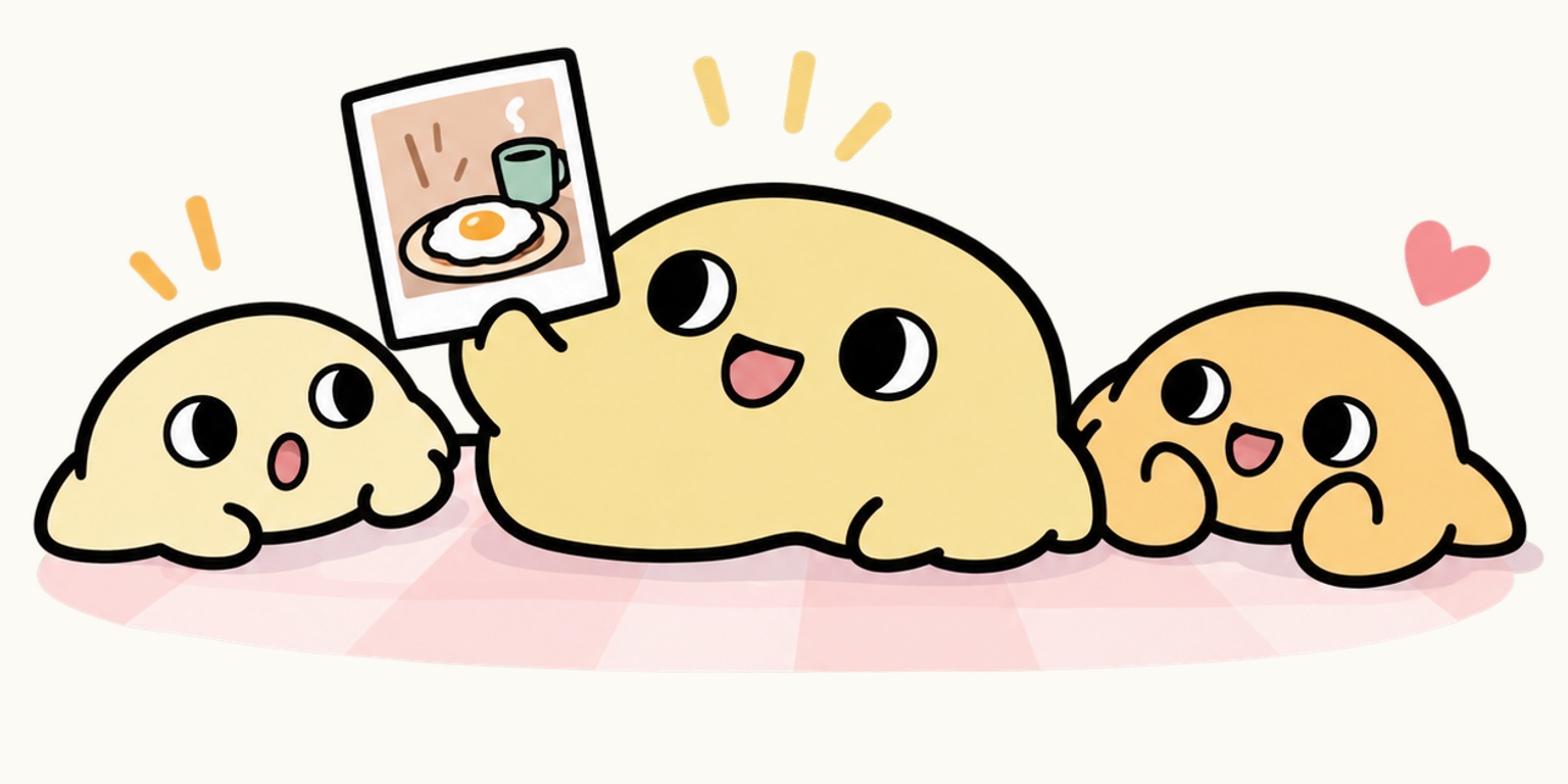 Pogee slime proudly sharing a tiny breakfast photo with two curious friends